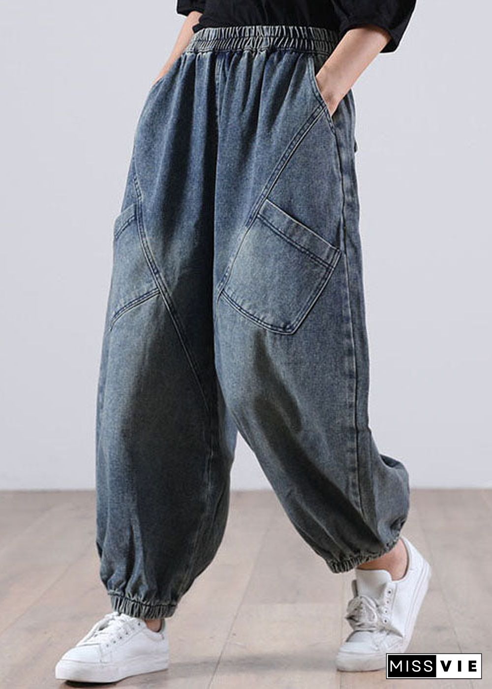 Style Blue Pockets denim Pants Winter