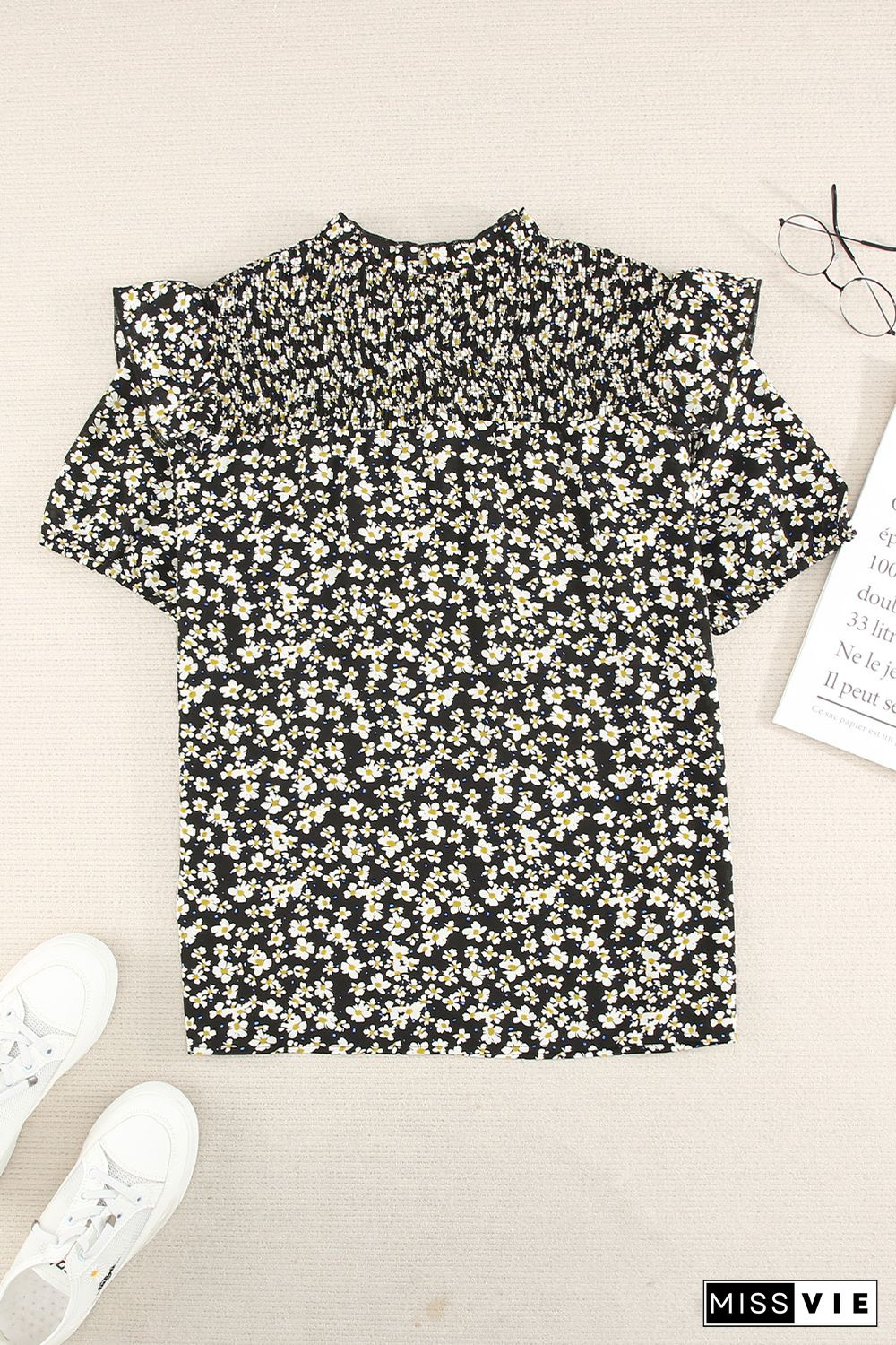 Black Floral Print Smocked Ruffled V Neck T-shirt