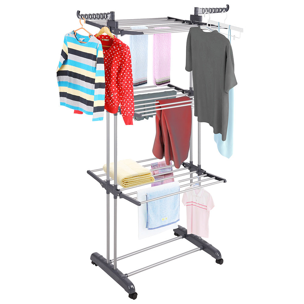 Aquaterior Laundry Folding Clothes Dryer Rack 3 Tiers w/ Casters Dark Gray