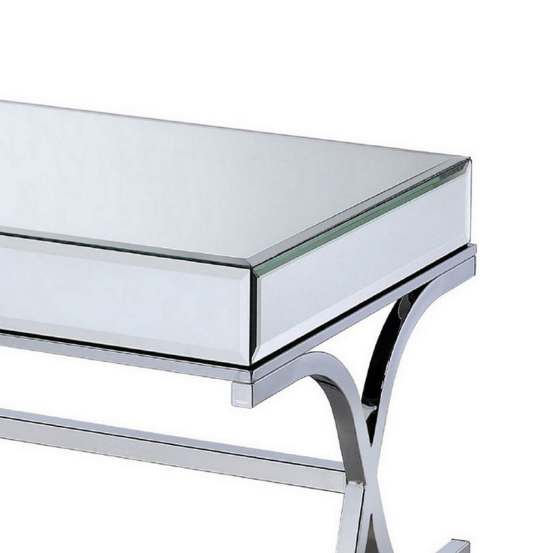 42 Inch Rectangular Coffee Table， Mirrored， X Shaped Metal Legs， Silver