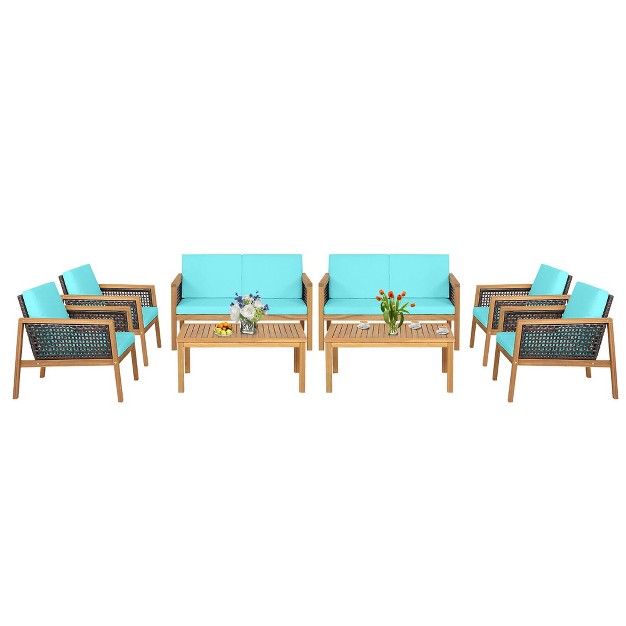 Tangkula 8pcs Patio Acacia Wood Furniture Set Pe Rattan Conversation Set W Turquoise Cushions