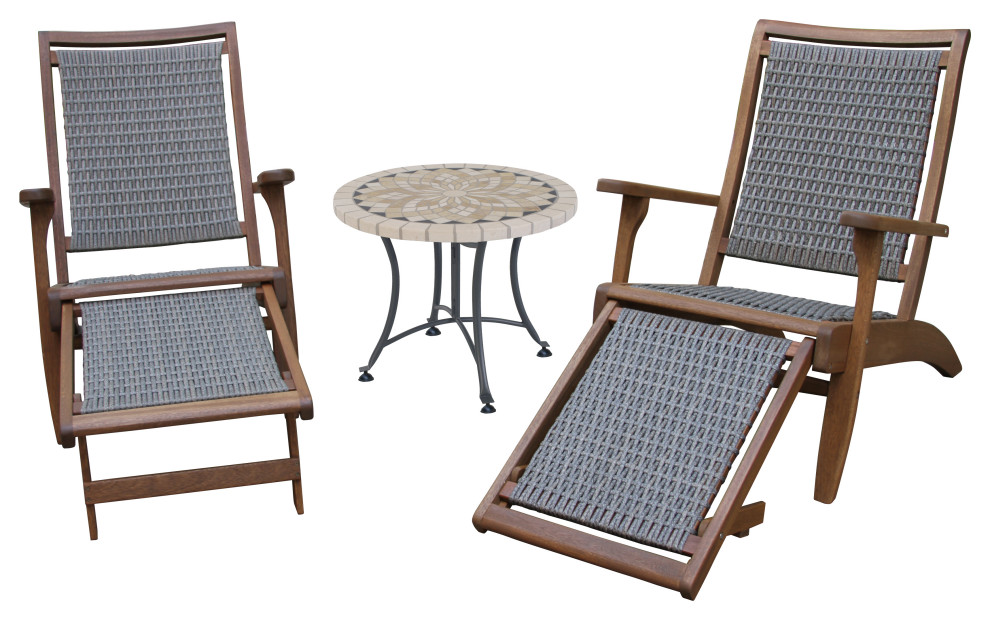 3 Piece Eucalyptus and Wicker Set With Ottoman and Marble Accent Table   Tropical   Outdoor Lounge Sets   by Outdoor Interiors  Houzz