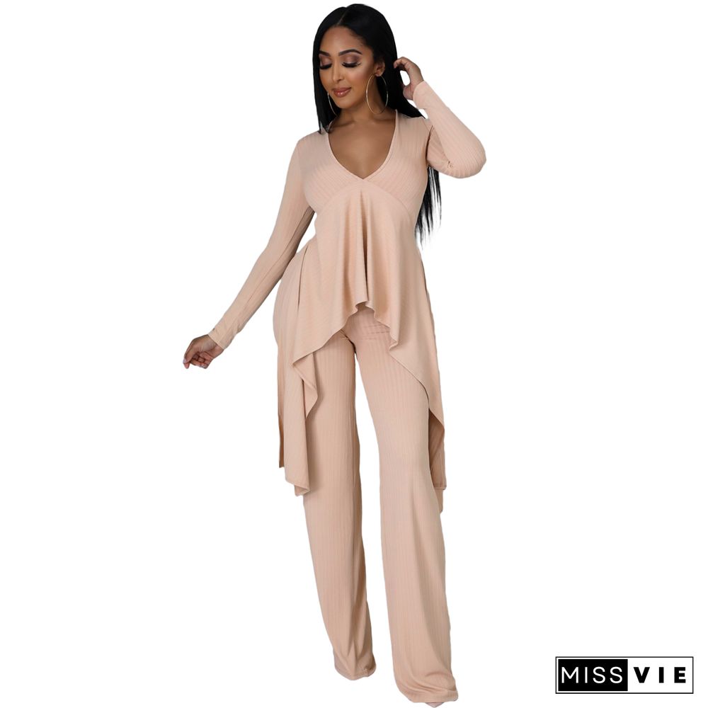 V Neck Irregular Top Straight-leg Pants Set