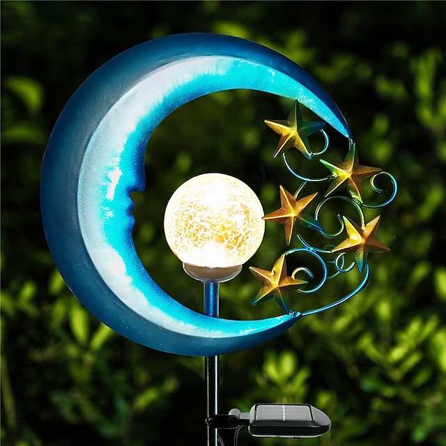 Outdoor Stars Moon Solar Power Light Romantic Moon Angel Retro Metal Lamp With Crackle Glass Globe Led For Courtyard Garden Landscape Lighting 1X