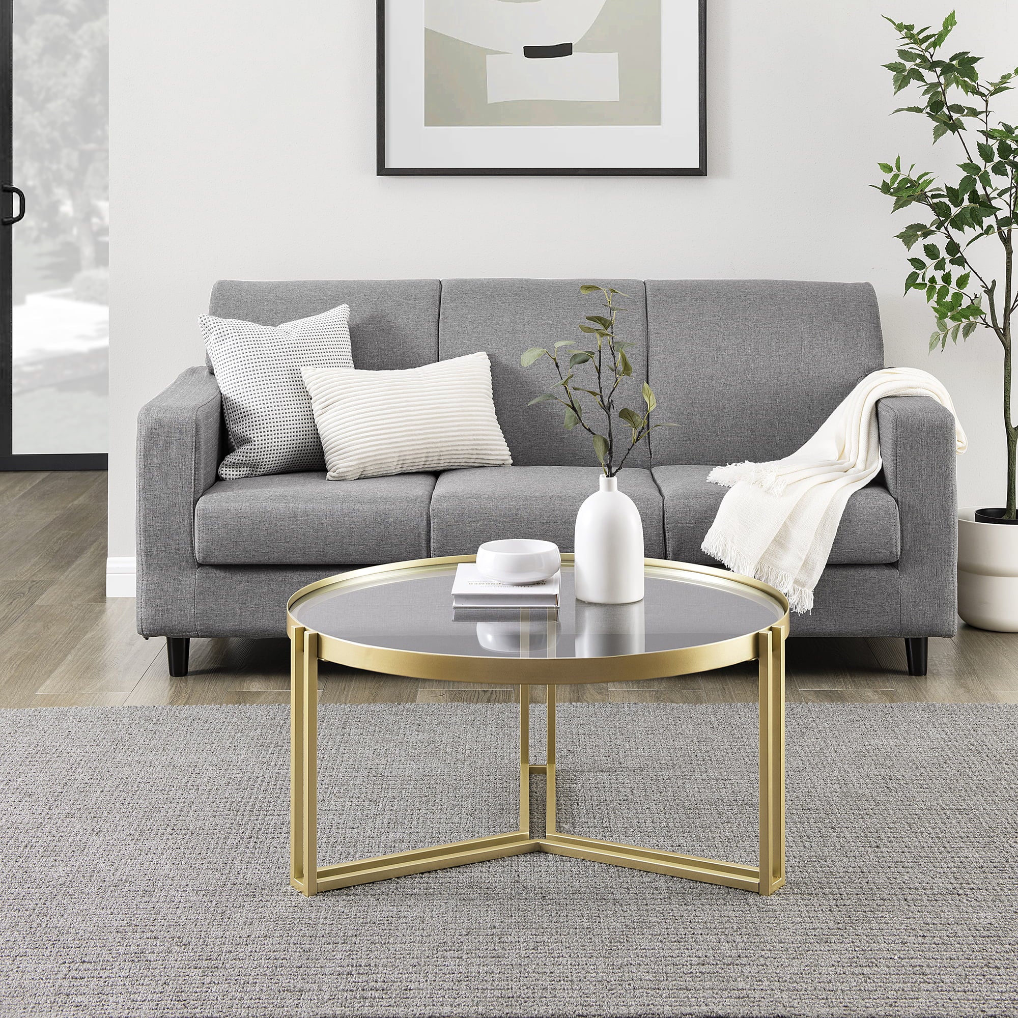 Manor Park Modern Glam Round Glass Coffee Table, Gold