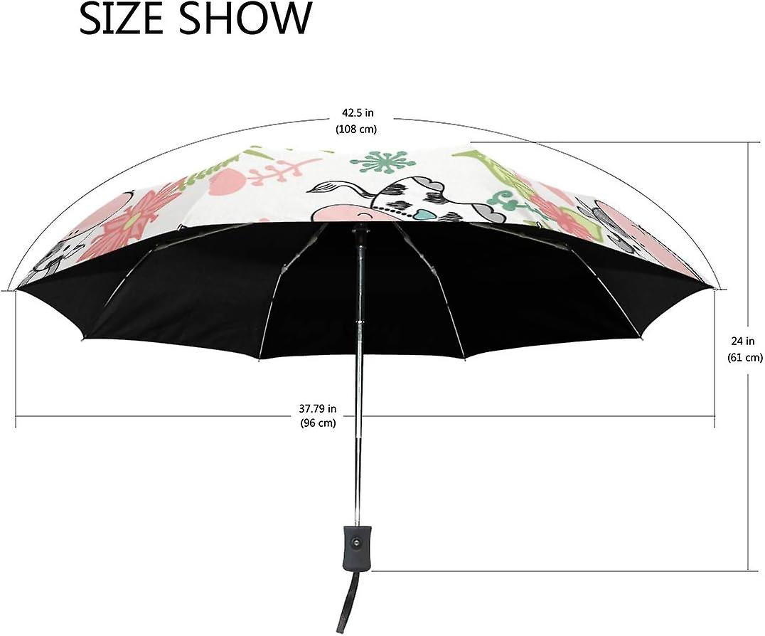 Travel Umbrella Automatic Windproof Foldable Umbrella Cows Flowers Leaves