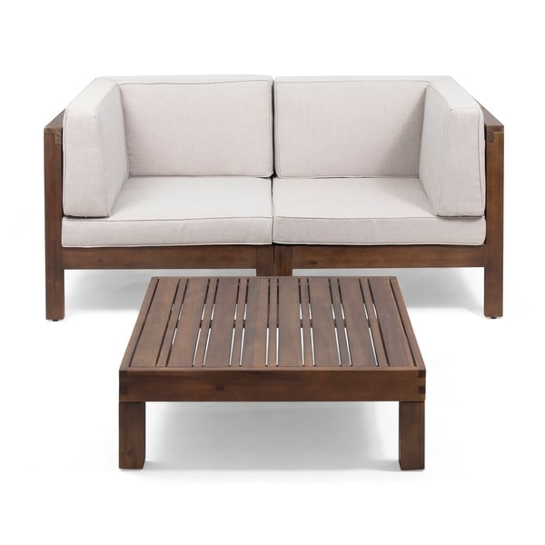 Oana Outdoor 2Seater Acacia Wood Sectional Loveseat Set with Coffee Table by Christopher Knight Home