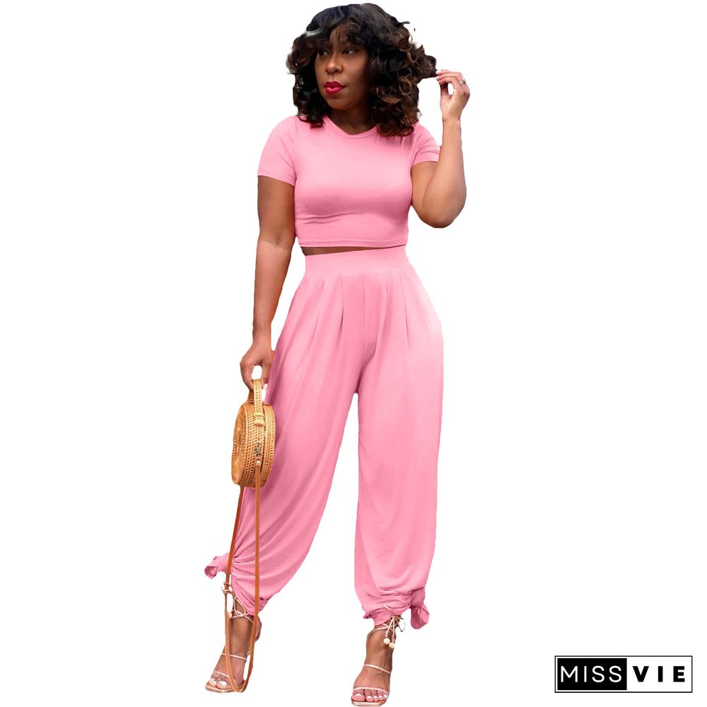 Summer Hot Plus Size Solid Short Sleeve O Neck Crop Tops Wide Leg Pants Women Casual Two Piece Set