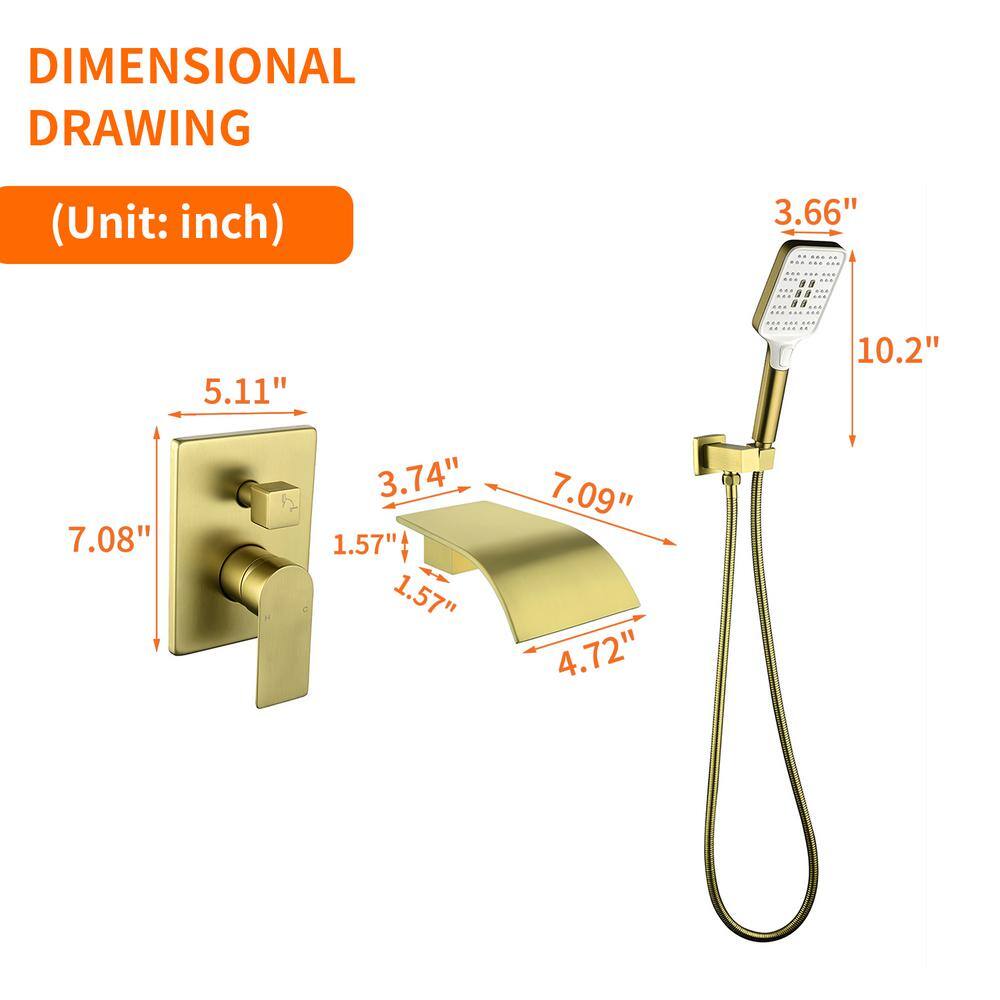 UKISHIRO 4.07 in. Single-Handle 3-Spray 1.8 GPM Adjustable Hand Shower and Wall Mounted Tub Spout in Gold (Valve Included) SMDJEO316001