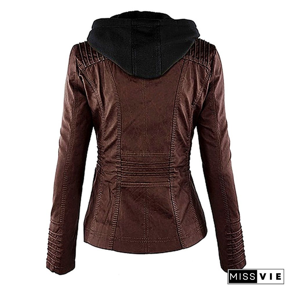 New Arrival Plus Size Women Fashion Autumn Winter Coat Jacket Long Sleeve Zipper New Women's Stylish Slim Removable Hooded Leather Jackets Coat Ladies Tops Motorcycle Coat Outerwear