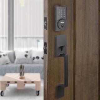 Defiant Vancouver Matte Black Door Handle Set with Square Smart Hub space WiFi Deadbolt and Hartford Interior Knob 32HPX9GYB