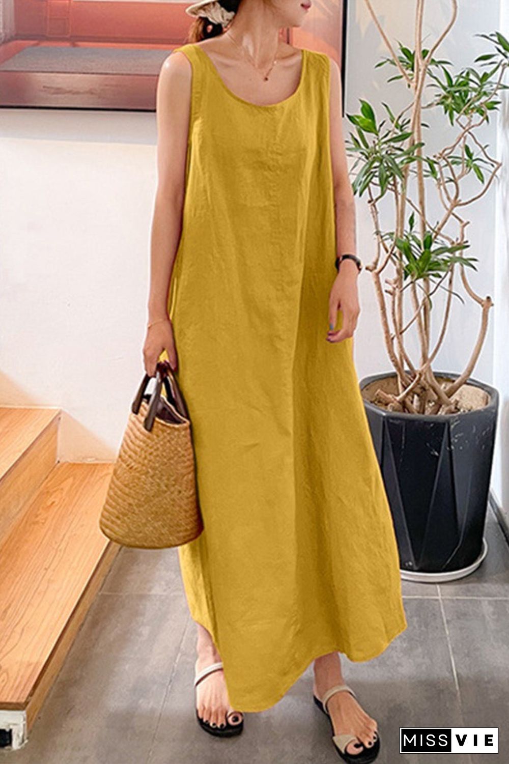 Casual Simplicity Solid Pocket O Neck Sleeveless Dress Dresses