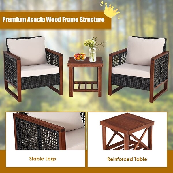 3 Pieces Outdoor Patio Furniture Set Wicker Chairs with Table，Balcony Porch Furniture Bistro Set with Cushions for Garden