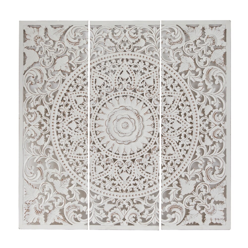 Wood Bohemian Carved Floral Wall Decor ( Set of 3)