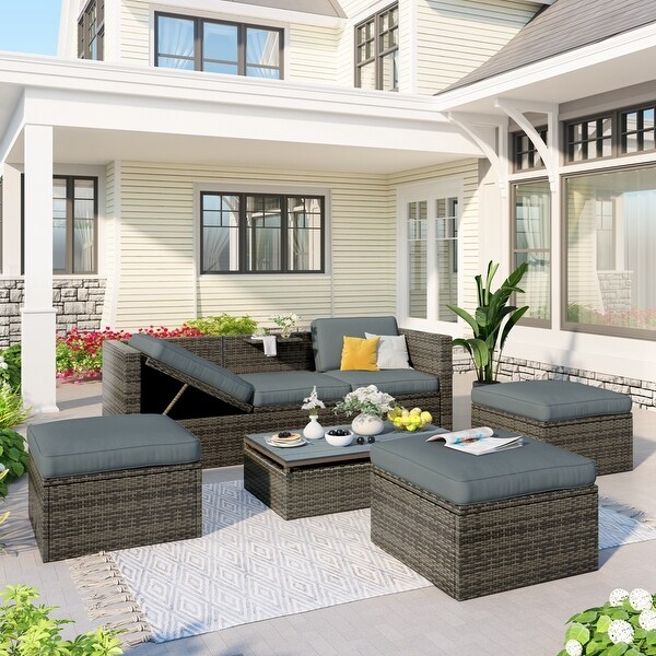 5Piece Patio Wicker Sofa with Adustable Backrest，Cushions，Ottomans and Lift Top Coffee Table