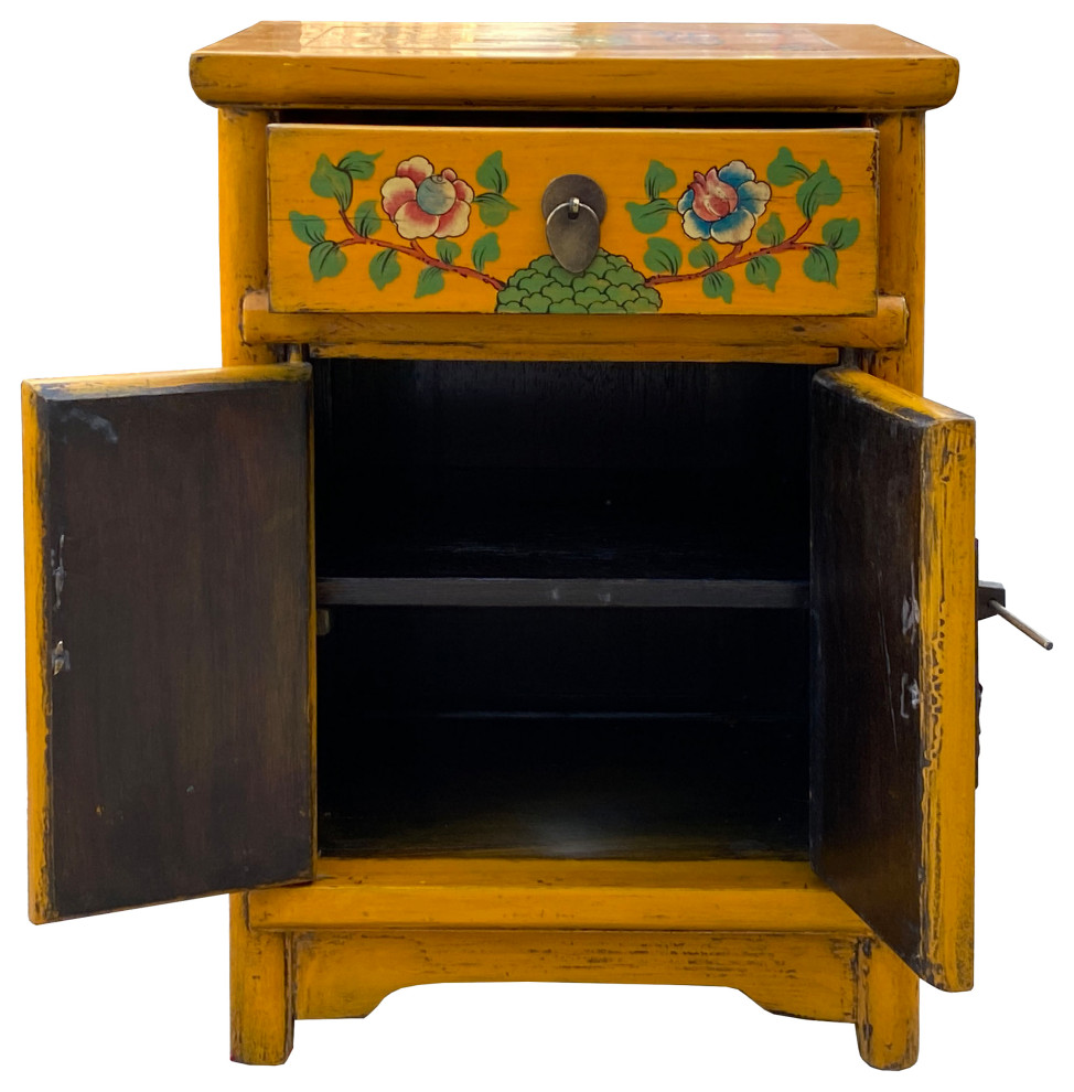 Chinese Distressed Mango Yellow Fishes Graphic End Table Nightstand Hcs7186   Asian   Side Tables And End Tables   by Golden Lotus Antiques  Houzz