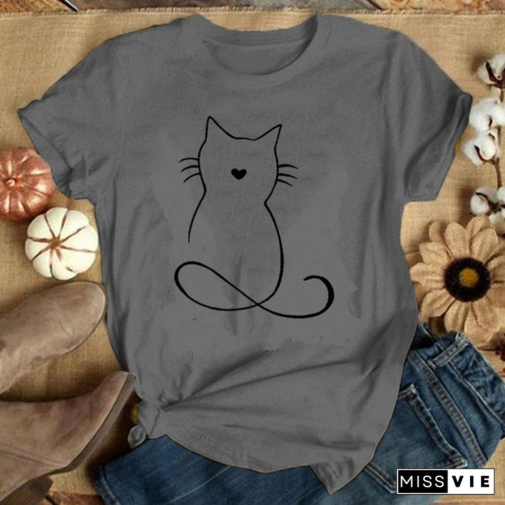 Women Graphic Cat Lovely Animal Fashion Short Sleeve Spring Summer Cartoon Print Female Clothes Tops Tees Tshirt T-Shirt