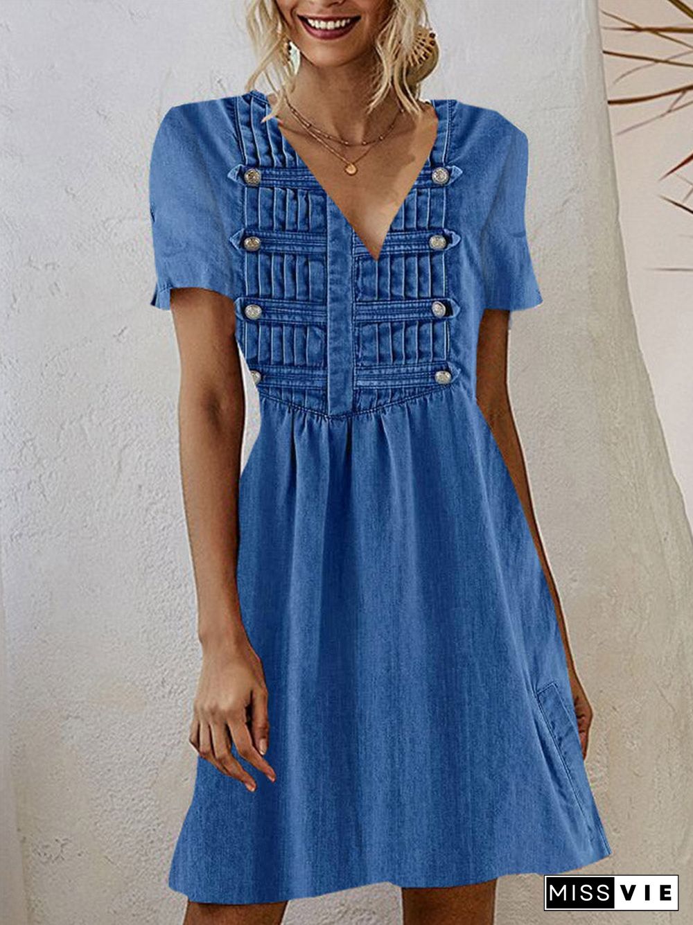 Women Casual Short Sleeve V-neck Denim Blue Printed Midi Dress