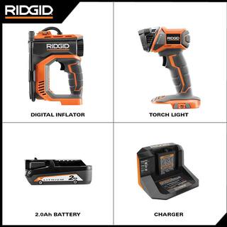 RIDGID 18V Cordless High Pressure Portable Inflator Kit with 2.0 Ah Battery Charger and Torch Light R87044KN-R8694B