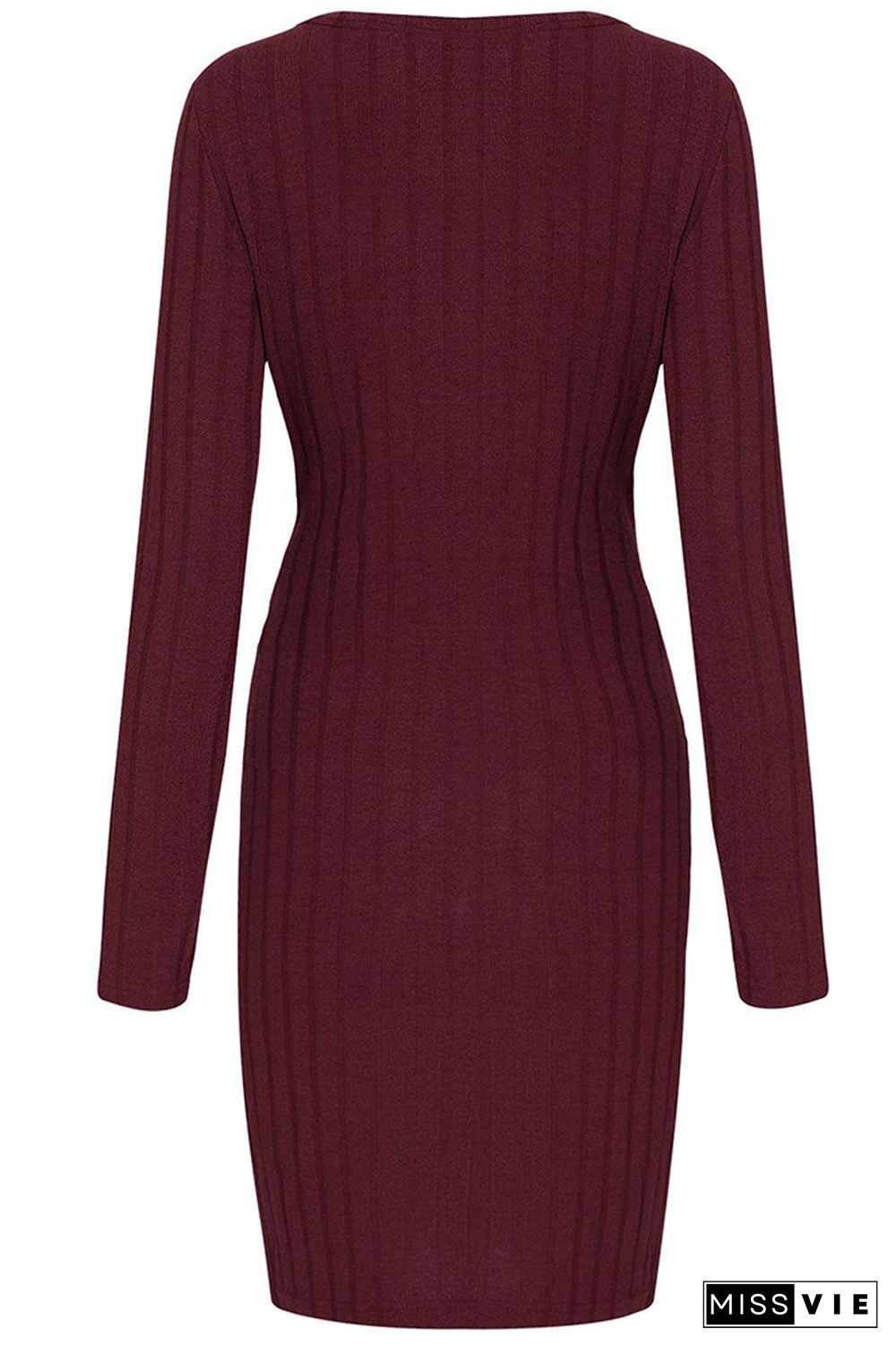 Plain Long Sleeve Ribbed Tiwst Knot Mini Dress