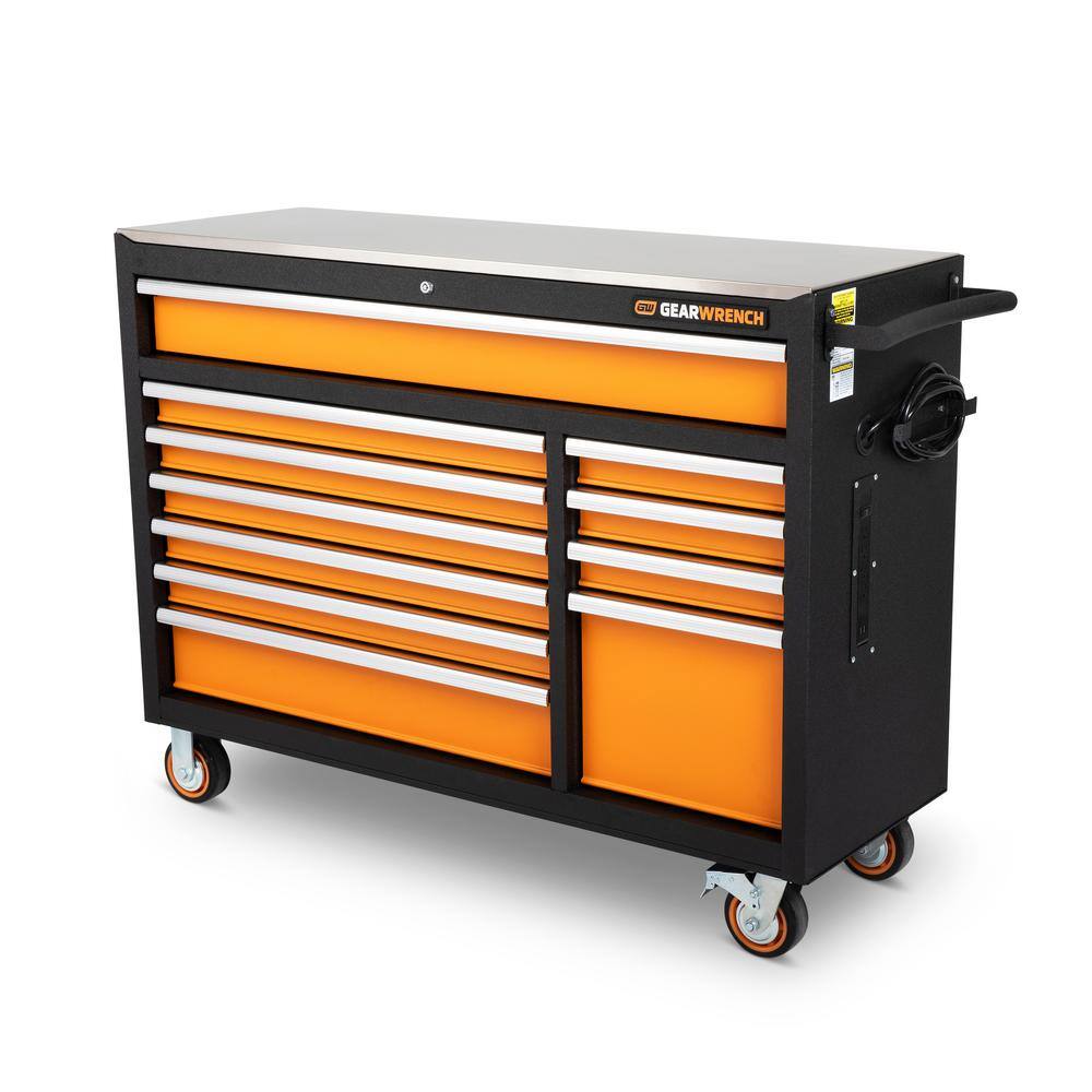 GEARWRENCH GSX 52 in. x 18 in. 11-Drawer Orange and Black Powder Coated Steel Rolling Tool Cabinet with Stainless Steel Worktop 83247