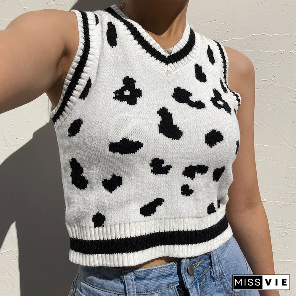 Fashion Cow Print Sweater Vest Women Knitted Pullovers Loose Vintage Waistcoat Sleeveless Pullover Sweater Tops Knitted Tops