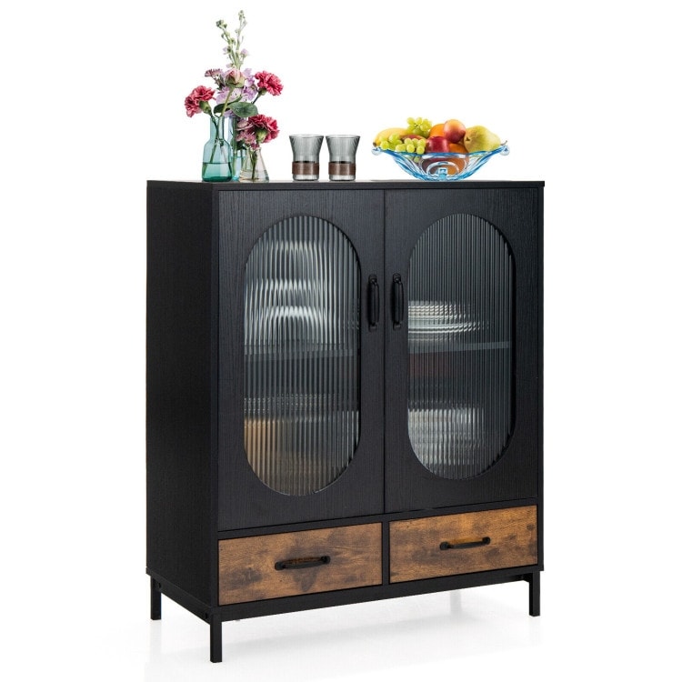 Kitchen Industrial Buffet Sideboard with Tempered Glass Doors Black   Black   31.5\