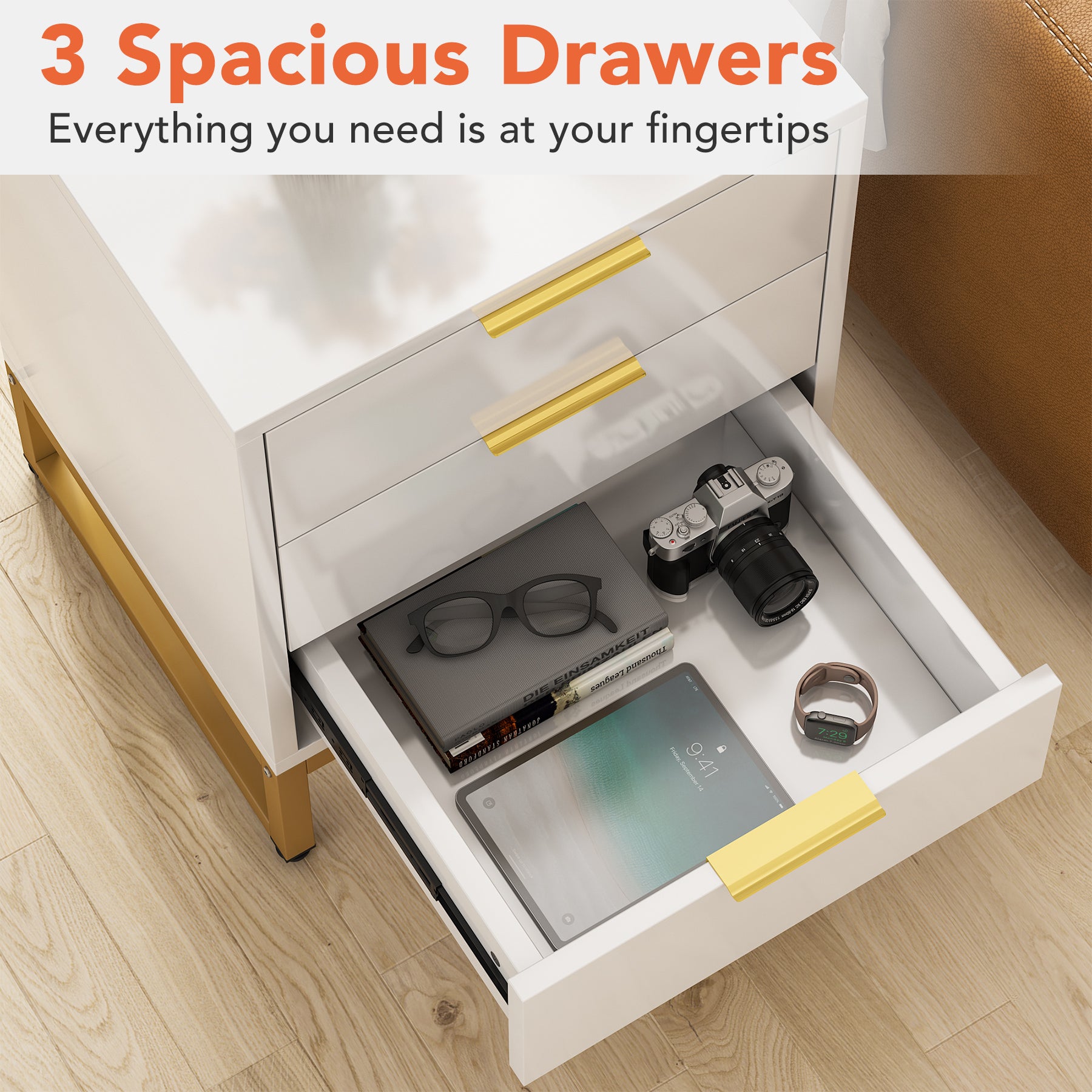 3 Drawers Nightstand, Modern Bedside End Table with Metal Frame