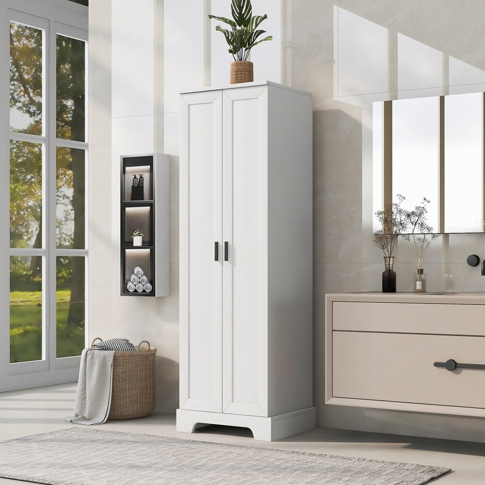 Tall Bathroom Storage Cabinet  5 Tier Freestanding Linen Tower Cabinet with 2 Doors  Storage Organizer Narrow Slim Floor Cabinet