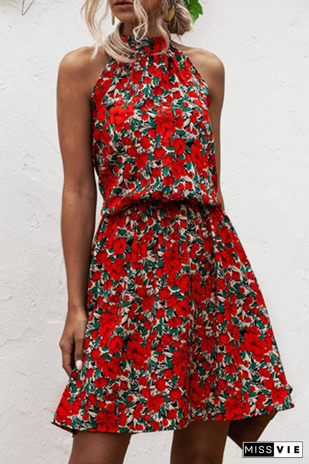 Fashion Print Patchwork Halter Waist Skirt Dresses