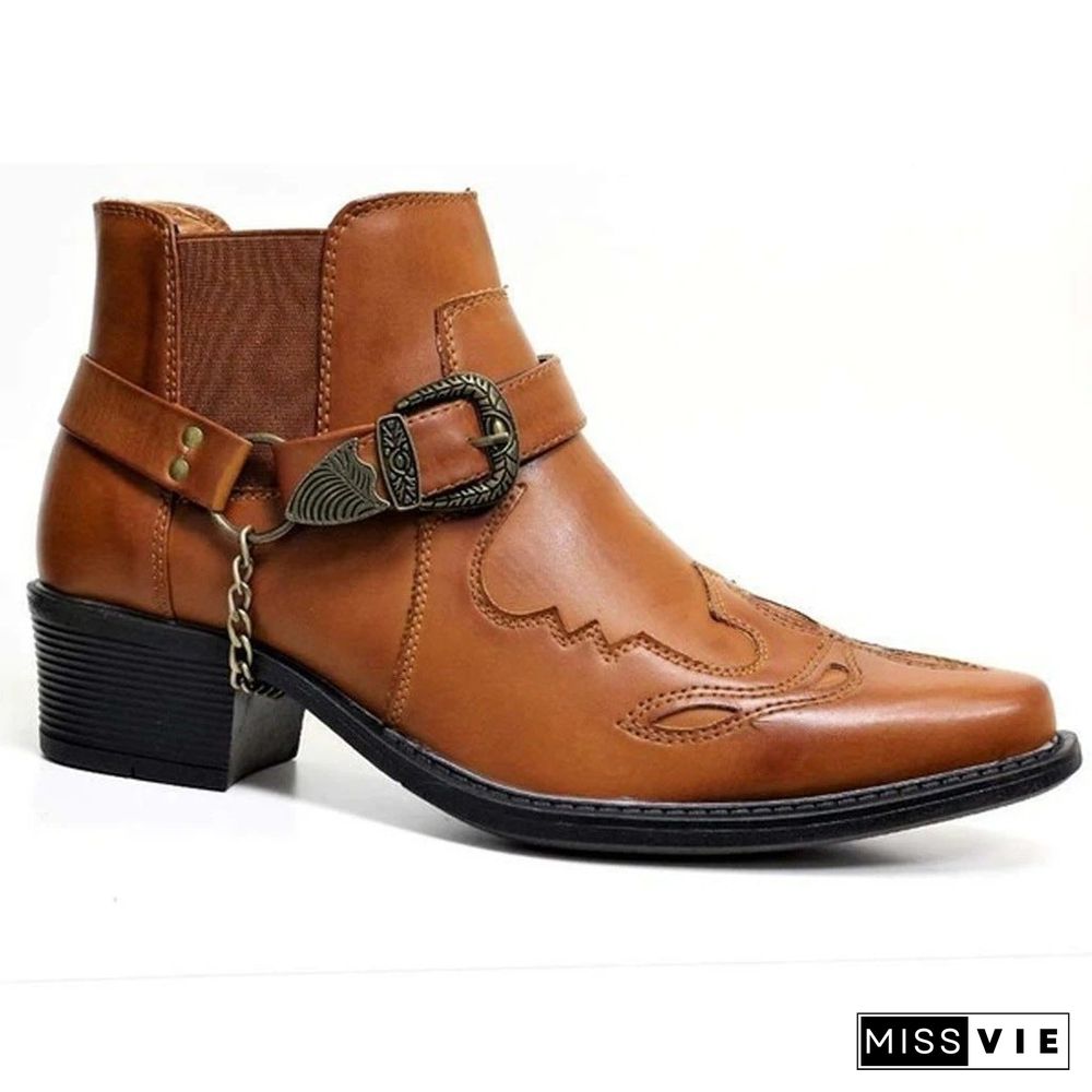 New Short Boots Fashion Personalized Belt Buckle Thick Heel Pointed Martin Boots Men's Boots