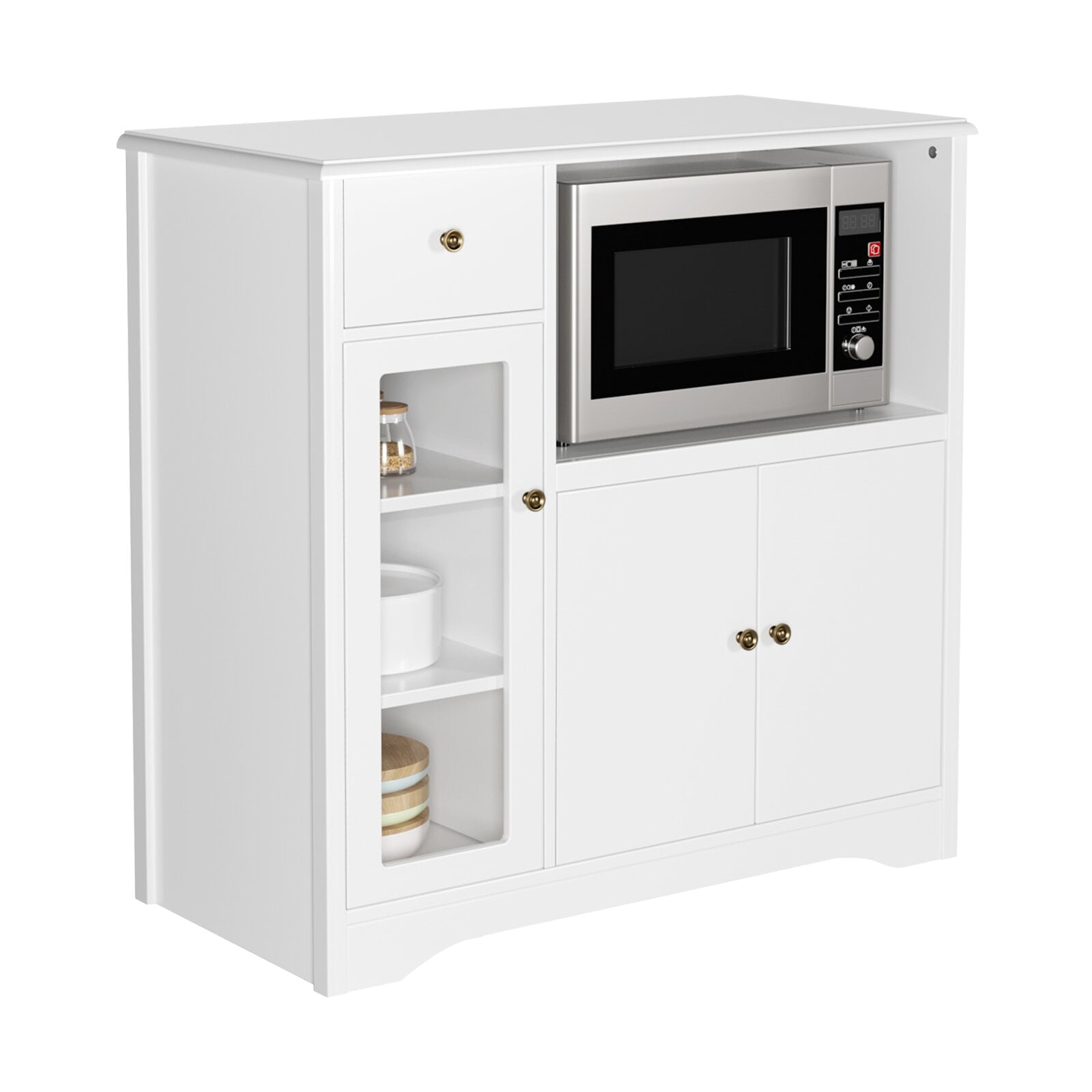 Homfa Microwave Cabinet with Hutch， Kitchen Pantry Cabinet Sideboard with Adjustable Shelves and Drawer for Dining Room， White