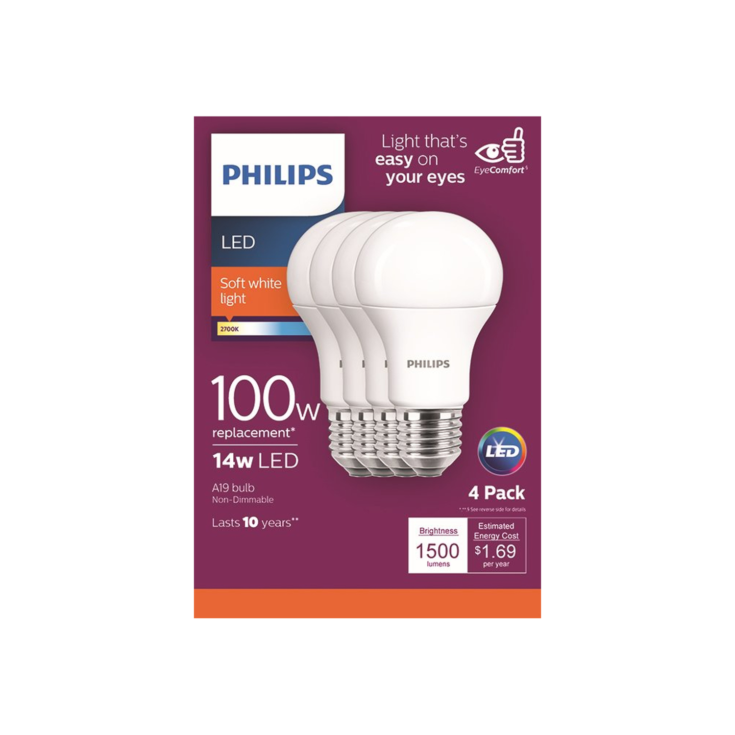 Philips A19 E26 (Medium) LED Bulb Soft White 100 Watt Equivalence 4 pk