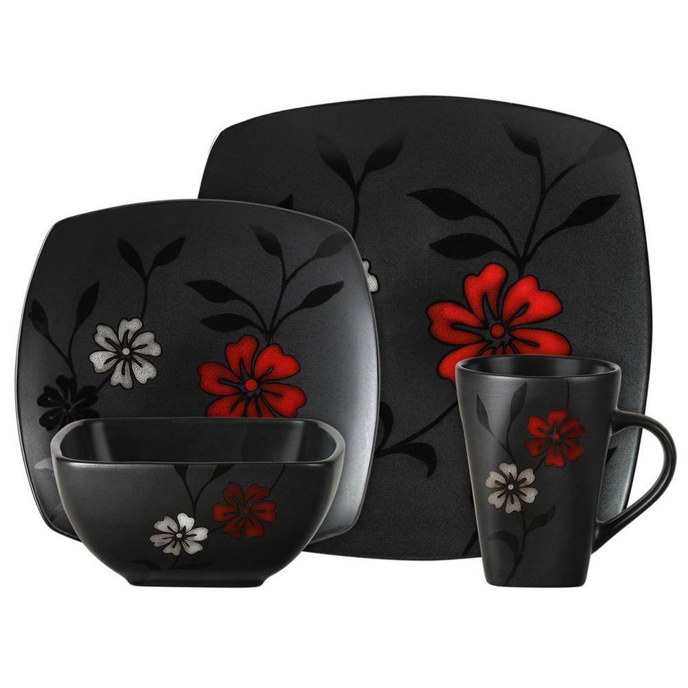 GIBSON elite Evening Blossom 16-Piece Casual Black Stoneware Dinnerware Set (Service for 4) 98581970M