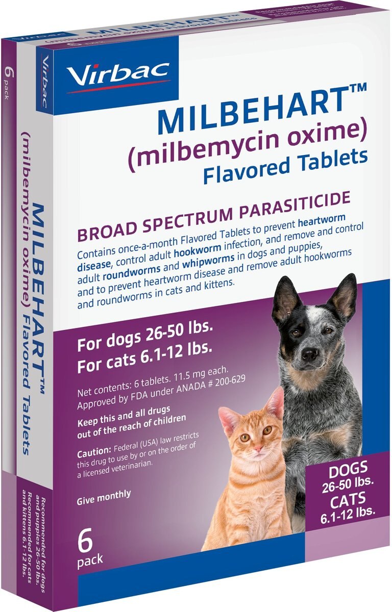 Milbehart Flavored Tablets for Dogs， 26-50 lbs， and Cats， 6.1-12 lbs， (Purple Box)