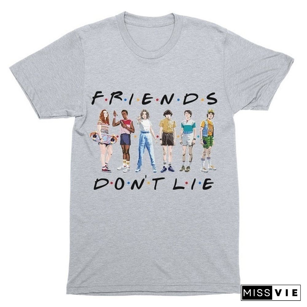 1Pcs Freind Dont Lie Six People Stand Printed T Shirt Stranger Things Letter Print Plus Size T Shirt White Short Sleeve Friends Dont Lie Printing Tees Feme Summe Tops