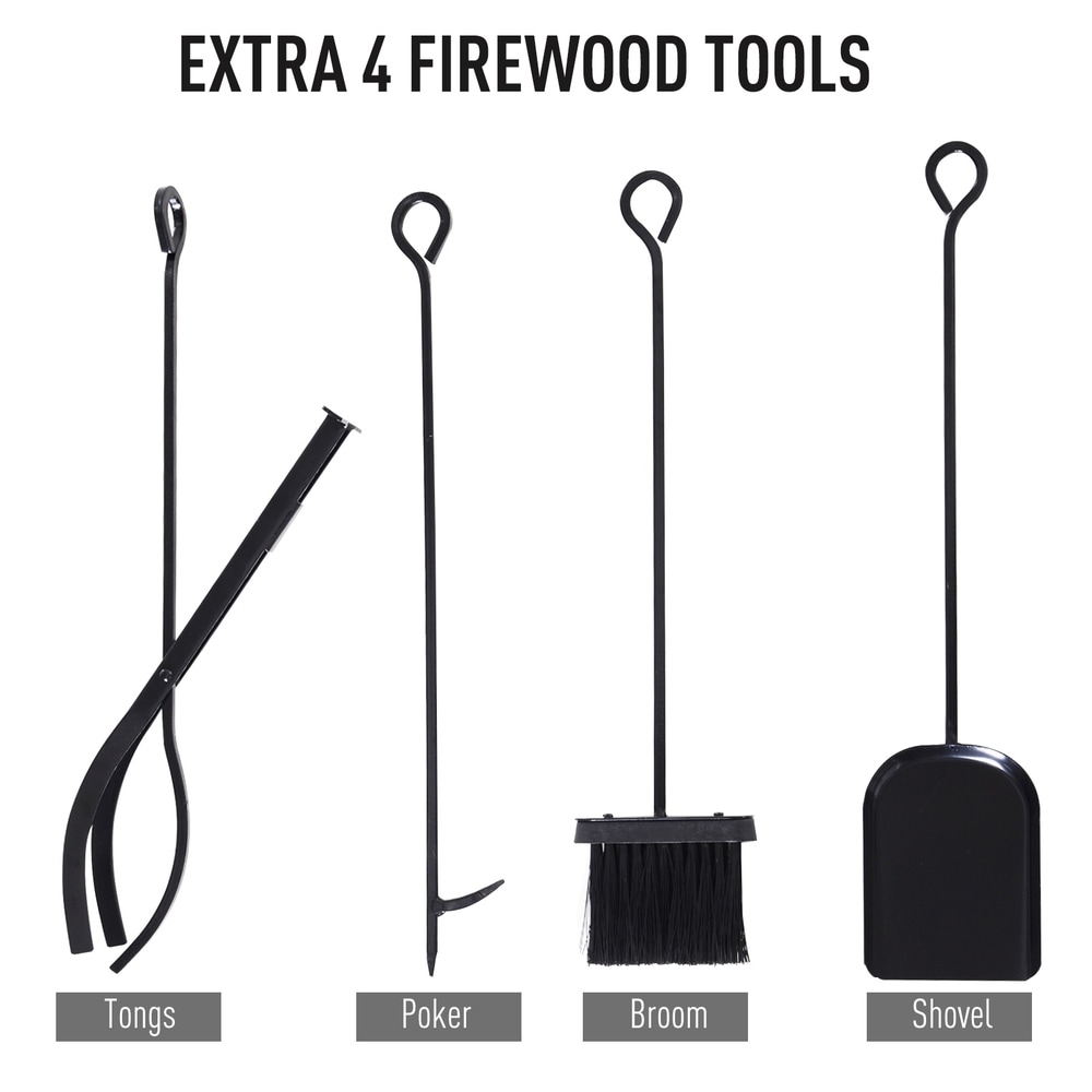 Outsunny Wrought Iron Metal Heavy Duty Firewood Rack Indoor   Outdoor with Fireplace Tool Set