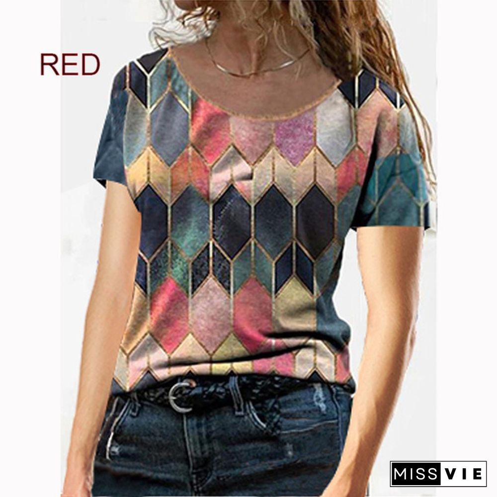 Women's Fashion Short Sleeved Round Neck T Shirt Summer Spring Painting Shirt Top Casual Loose Plus Size Blouse XS-8XL