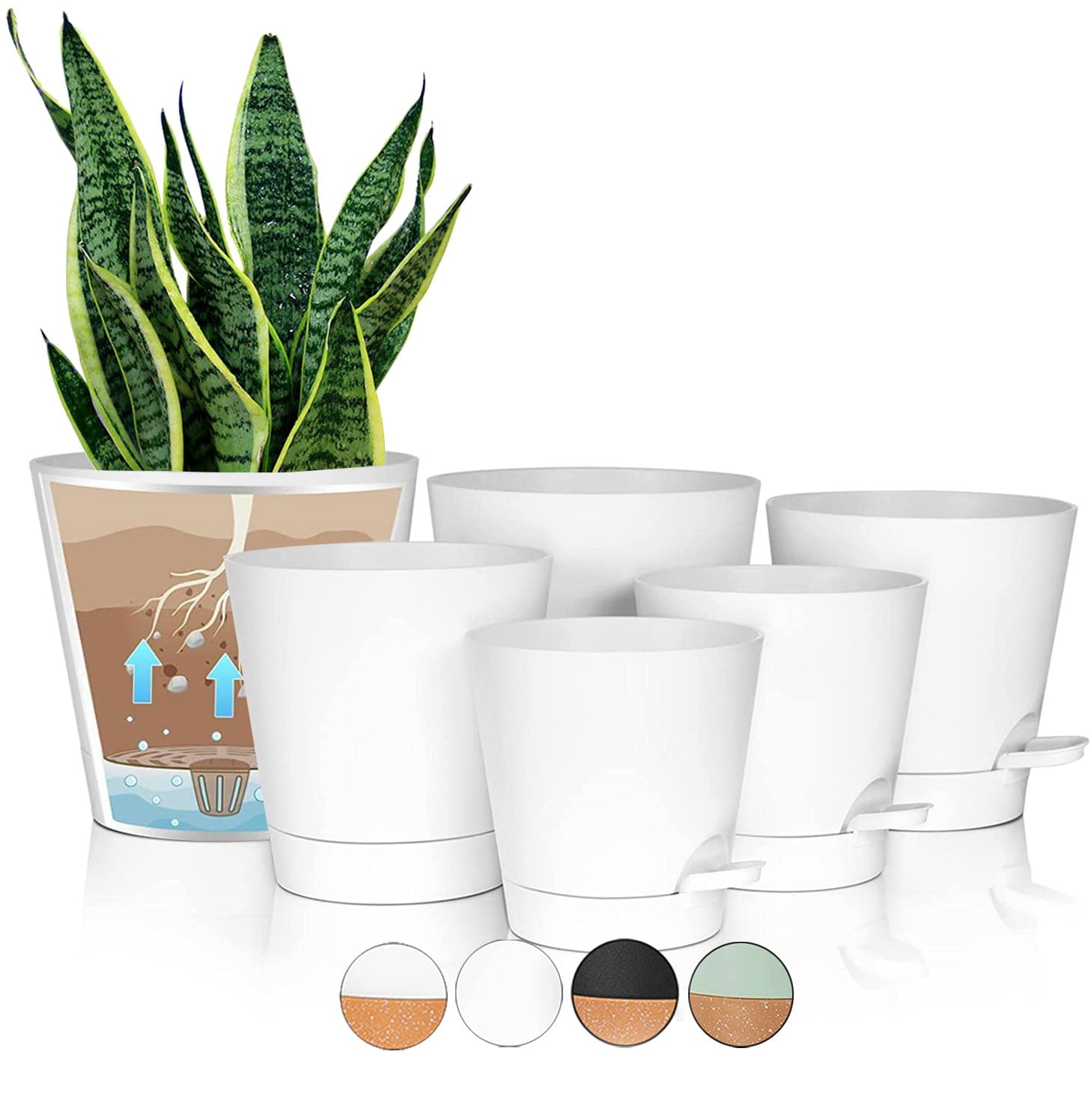 Simlim 6 Pack Indoor Self Watering Plant Pots 5/5.5/6/6.5/7/8 inch Planter Pot with Drainage Holes and Reservoir for Indoor Outdoor Flowers Plants White