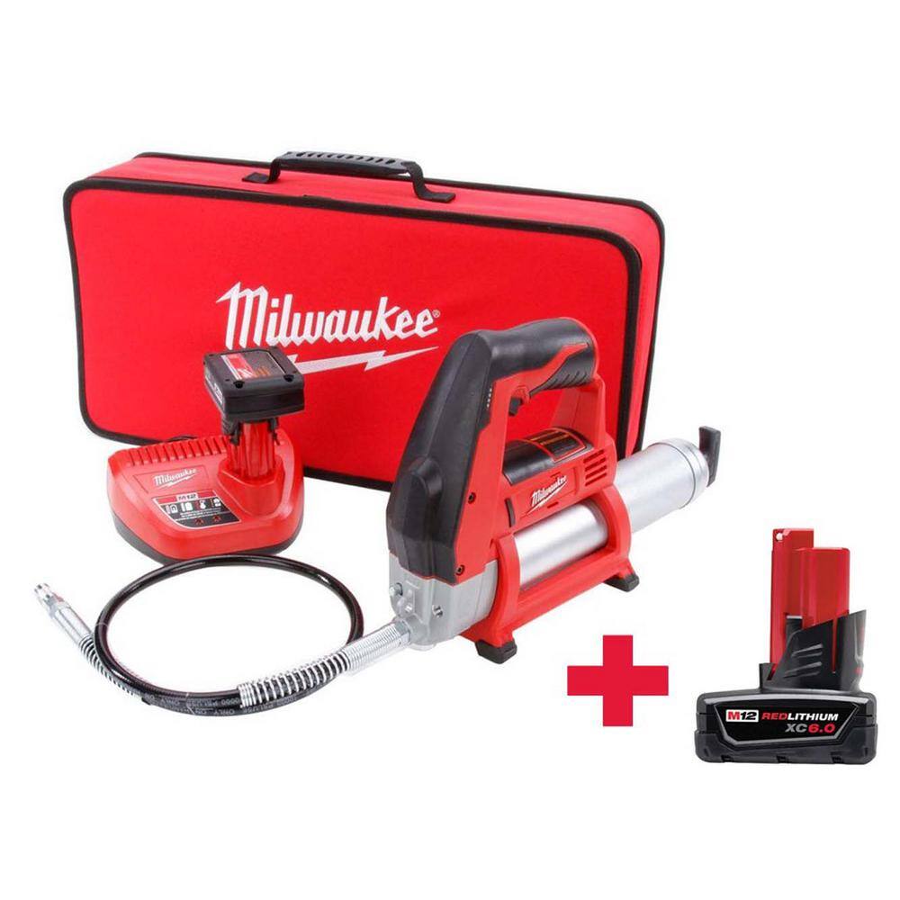 MW M12 12V Lithium-Ion Cordless Grease Gun Kit W Free M12 6.0Ah Battery 2446-21XC-48-11-2460