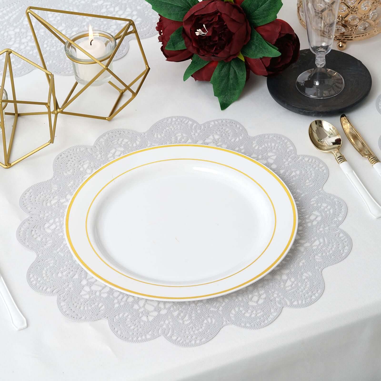 6 Pack White Vintage Floral Lace Vinyl Placemats, Non-Slip Dining Table Mats 15