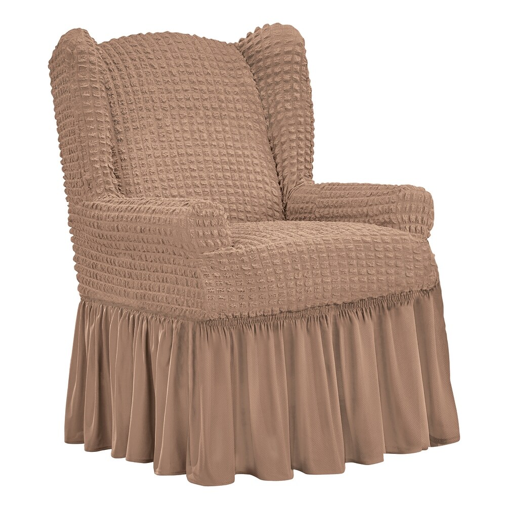 Textured Squares Ruffled Slipcover   Wing Chair