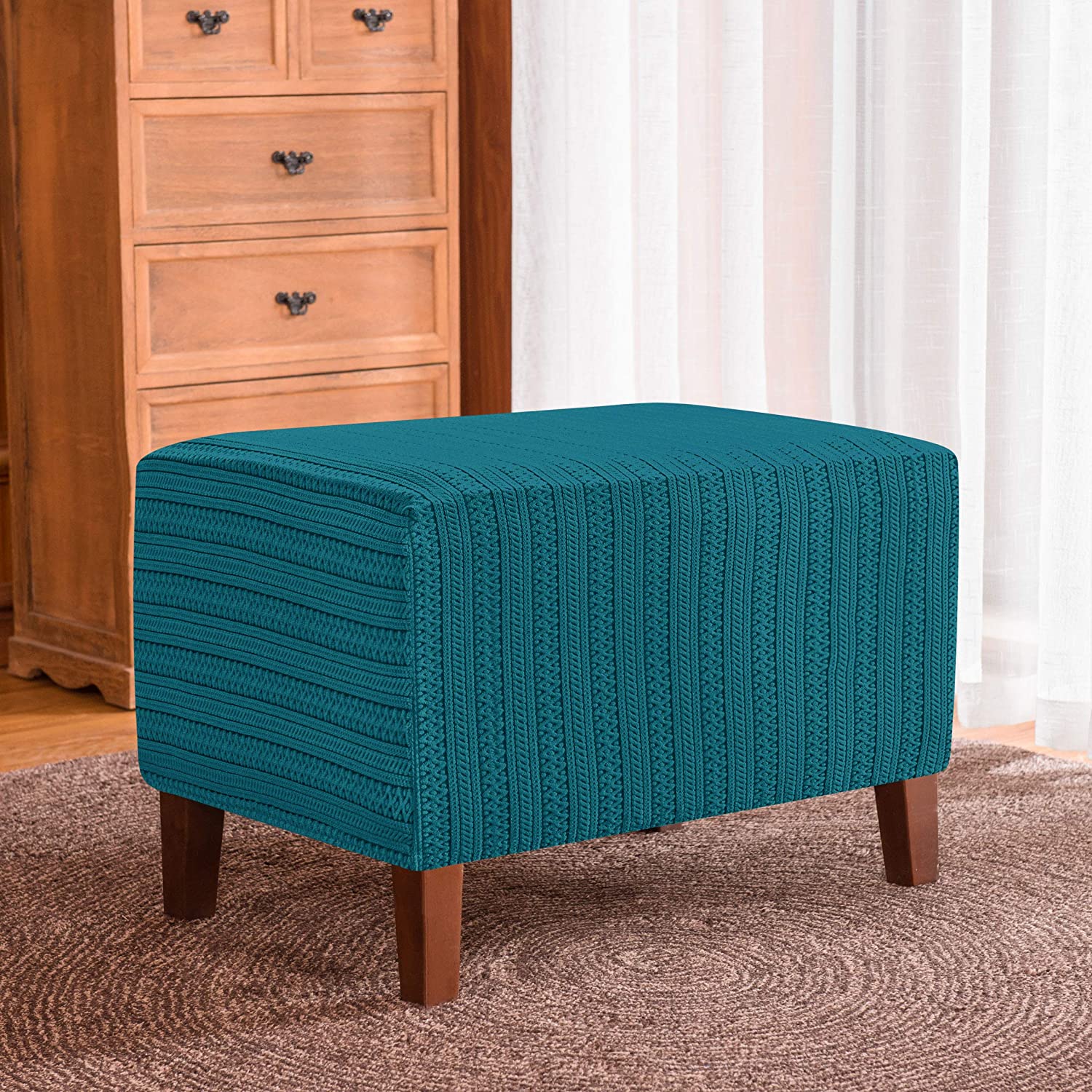 Subrtex Stretch Ottoman Cover Ottoman Slipcovers with Elastic Bottom (XL, Blue)