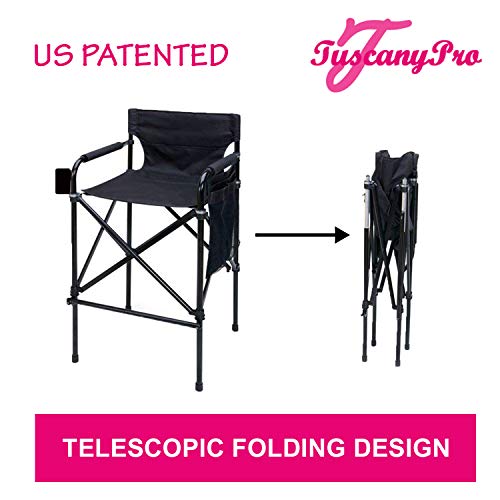 TuscanyPro Houdini Tall Director Chair - Quad Style, Super Compact Telescopic Folding Design with Jet Black, Anodized Aluminum Frame - Your Name/Logo Imprinted