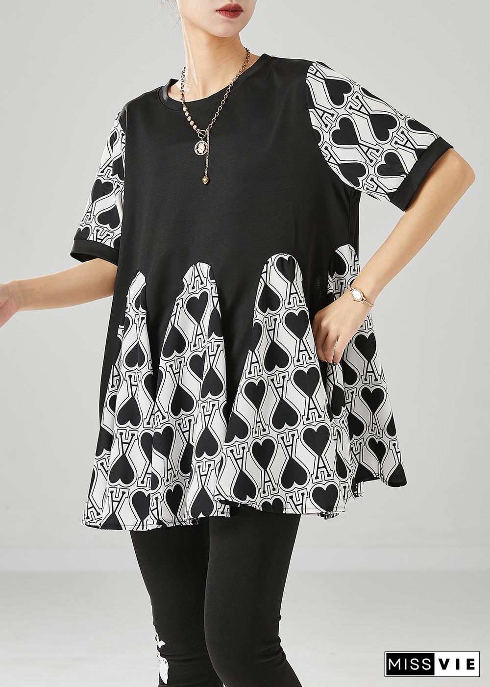 Fine Black Oversized Patchwork Love Print Chiffon Shirt Tops Summer