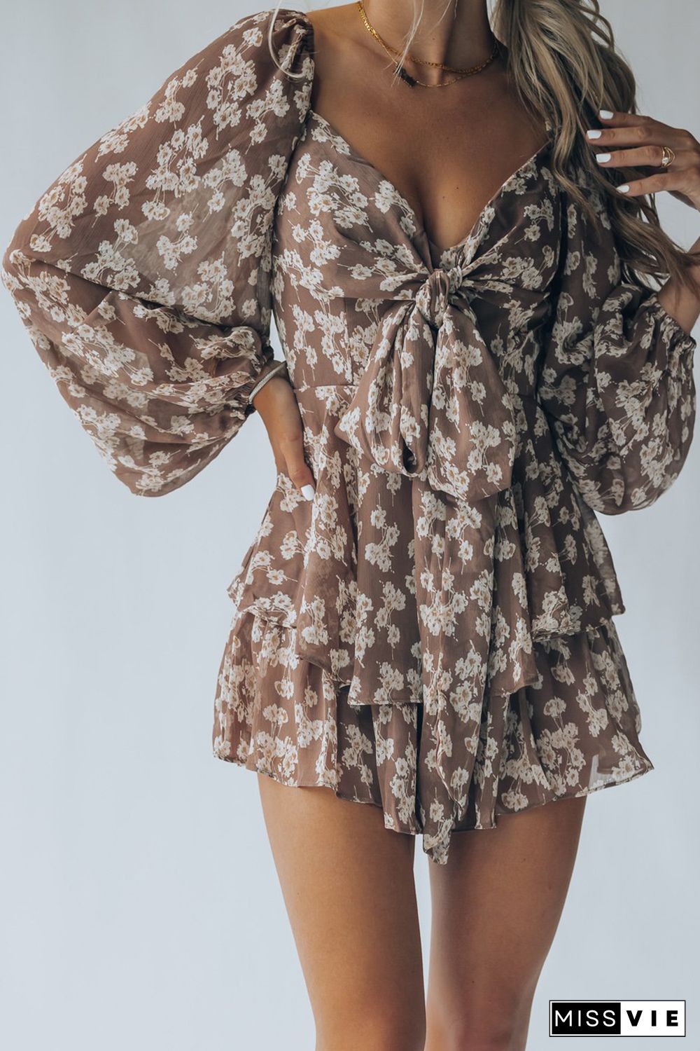 Brown Bubble Sleeve Floral Romper