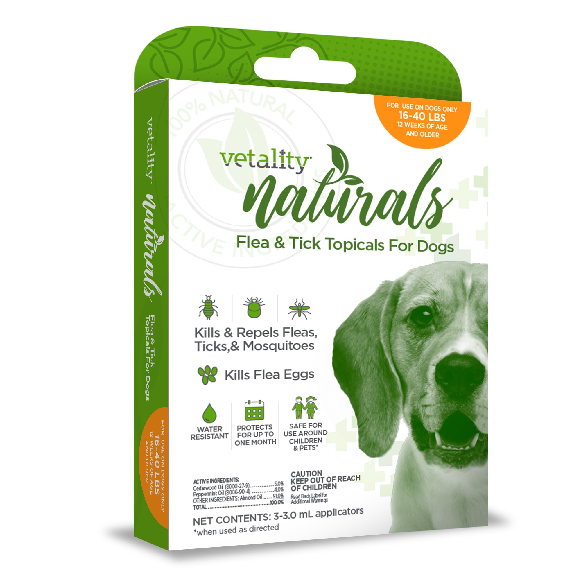 Vetality Naturals Flea  Tick Topicals for Dogs 16-40 lbs.， 3 Dose