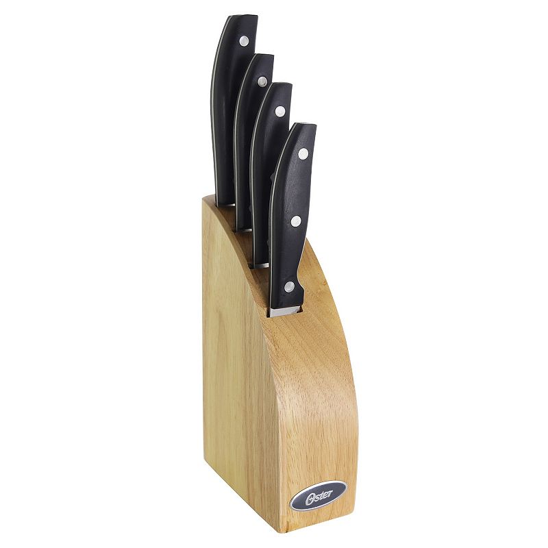 Oster Cocina Granger 5 Piece Stainless Steel Cutlery Knife Set with Half Moon Natural Wood Block