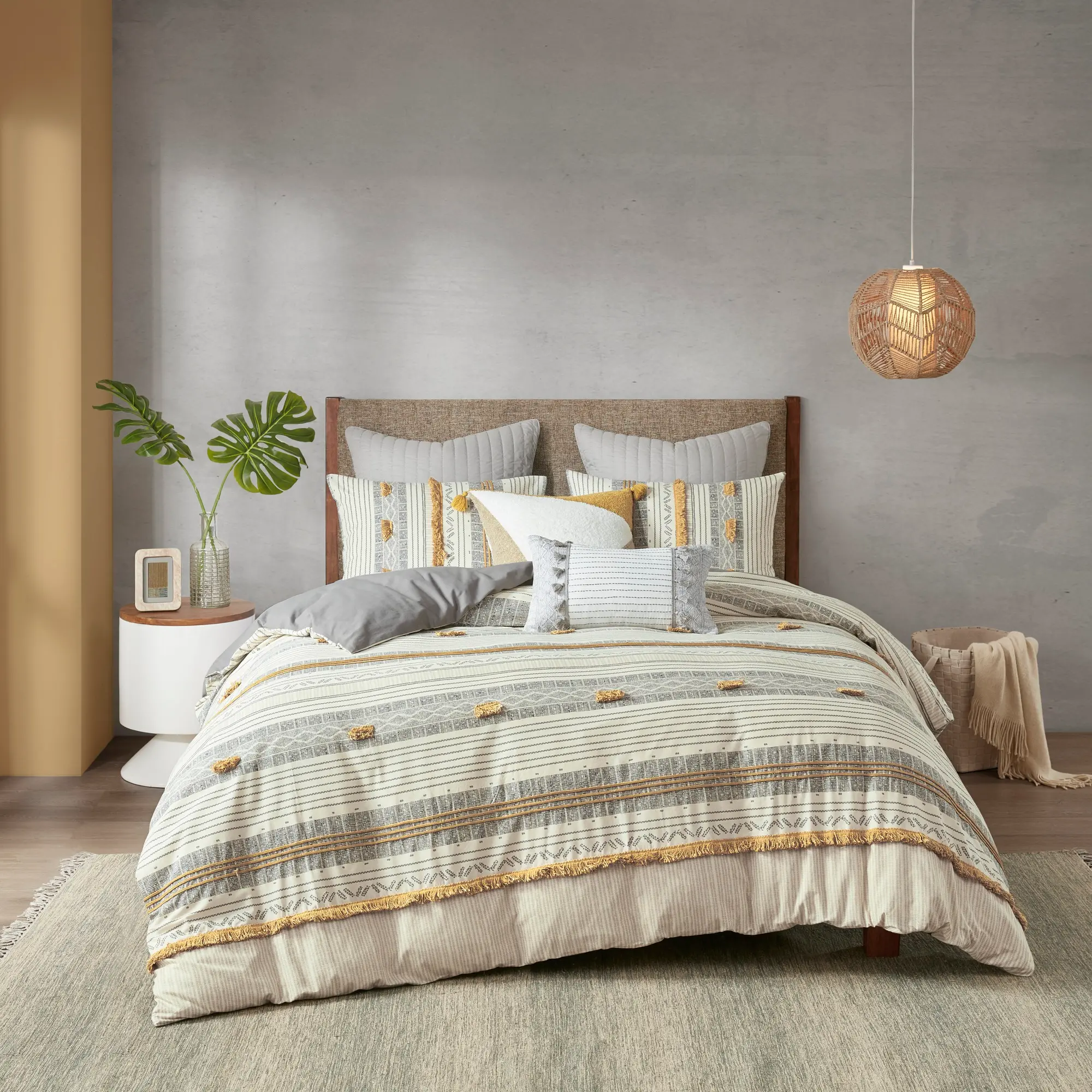 Gray and Yellow Striped Queen Cody 3 Piece Bedding Collection