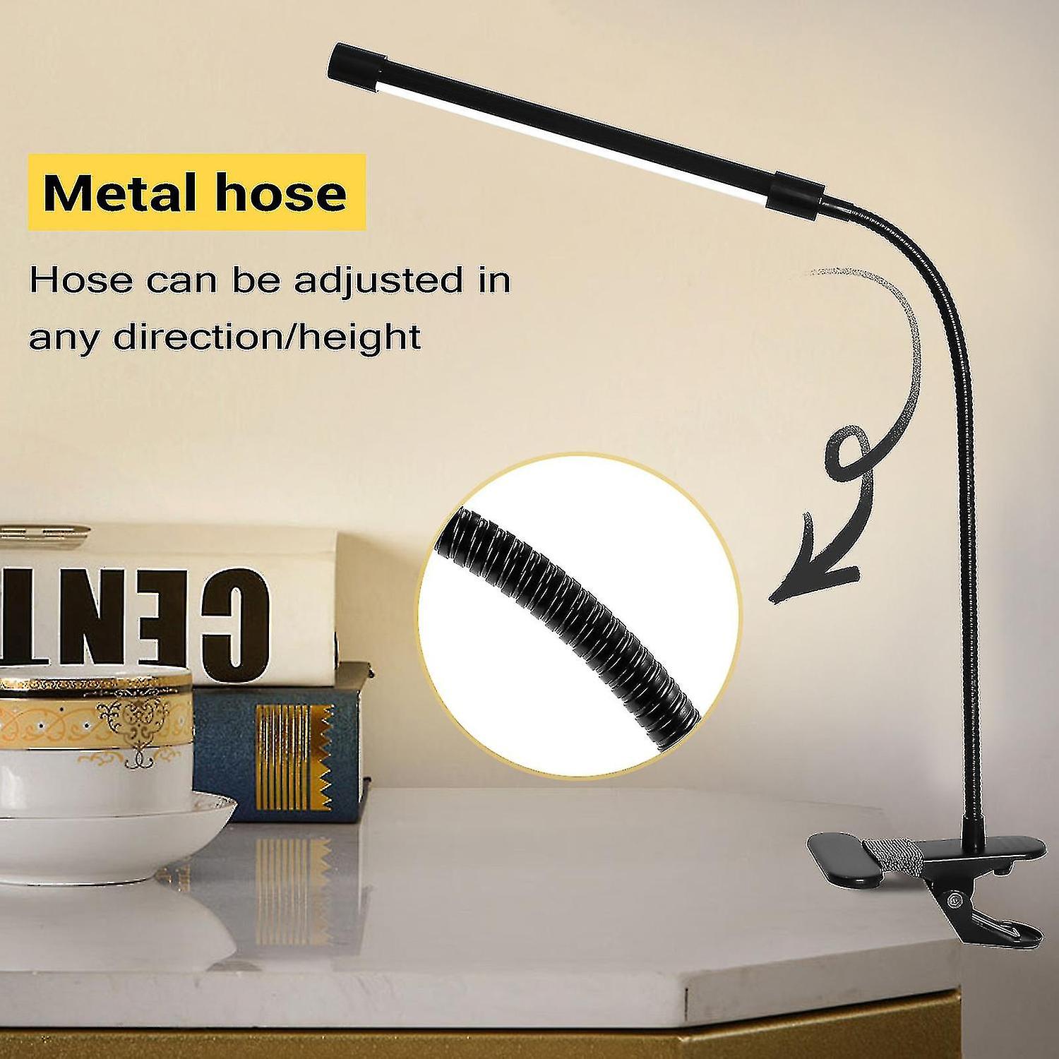 8w Led Clip On Lamp， Desk Light With 3 Modes 2m Cable Dimmer 10 Levels Clamp Table Lights